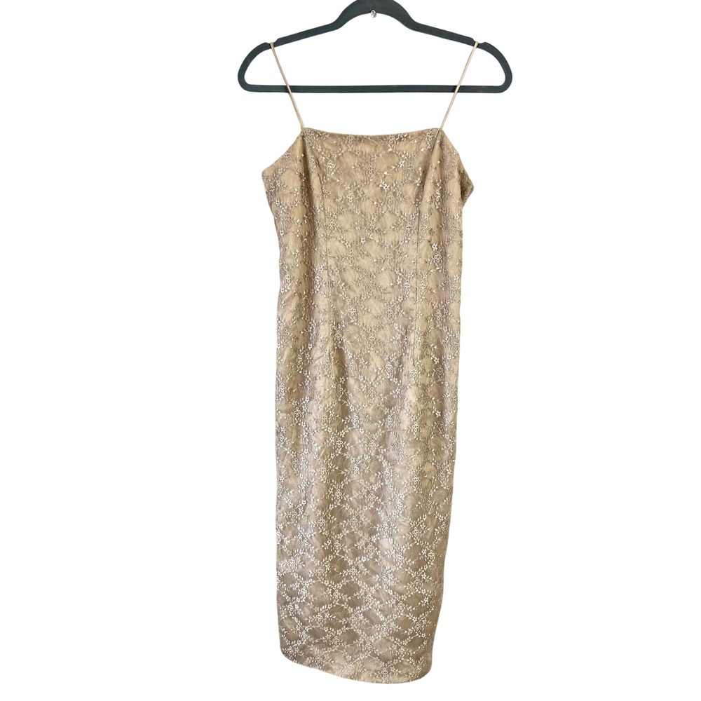 Vintage Alex Evenings Taupe‎ Spaghetti Strap Sheath Dress Lace Overlay Sz 8P